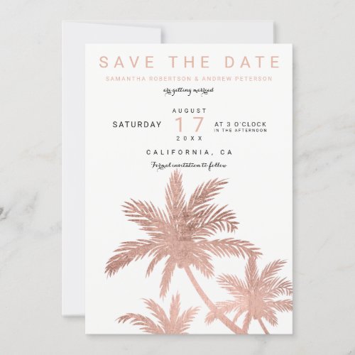 Modern rose gold palm trees elegant save the date
