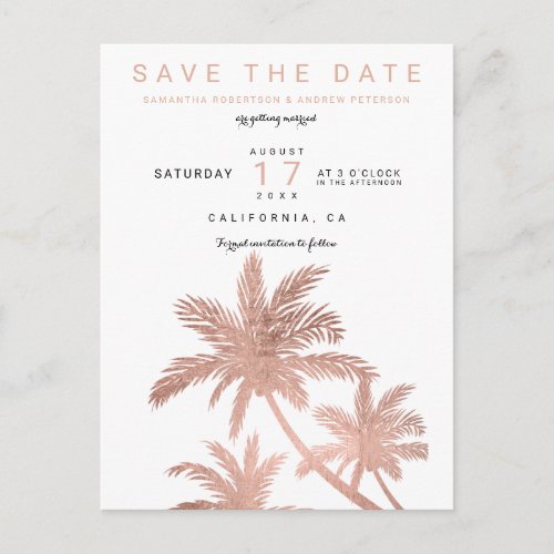 Modern rose gold palm trees elegant save the date announcement postcard