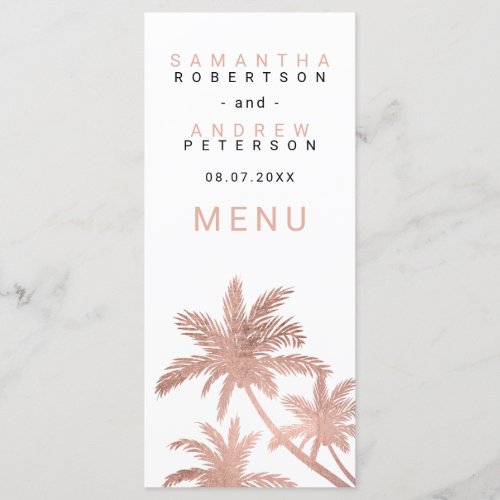 Modern rose gold palm trees elegant wedding menu