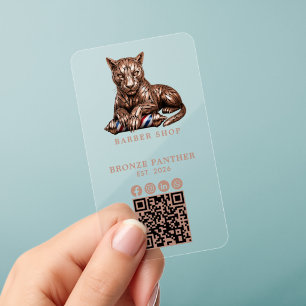 Modern Rose Gold Panther Barber Shop Logo Qr Code Clear Business Cards