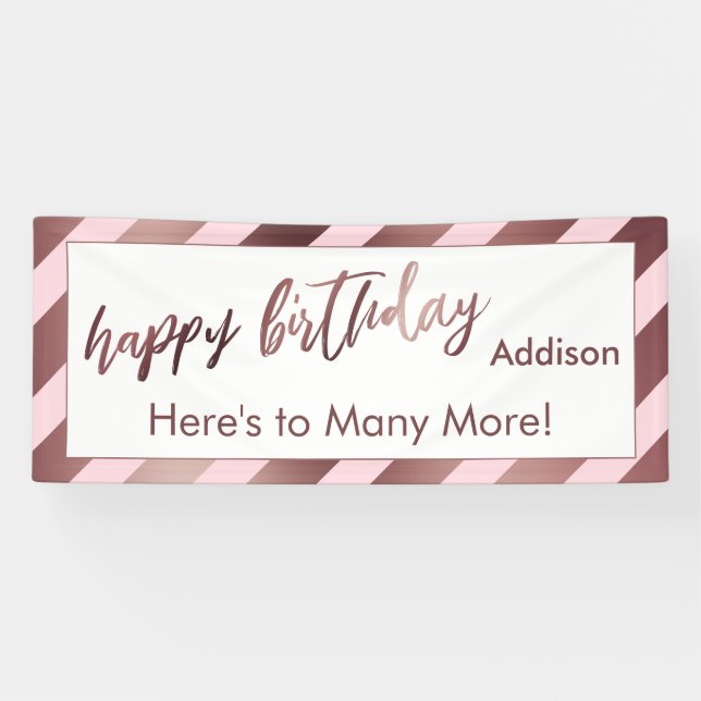 Modern Rose Gold Pastel Pink Stripe Happy Birthday Banner (Horizontal)