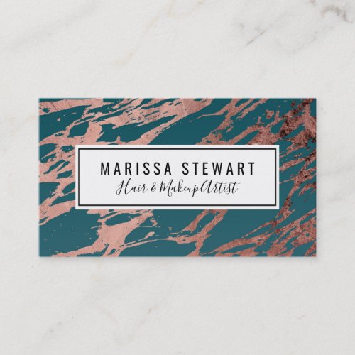 Modern Rose Gold Peacock Teal Marble Business Card