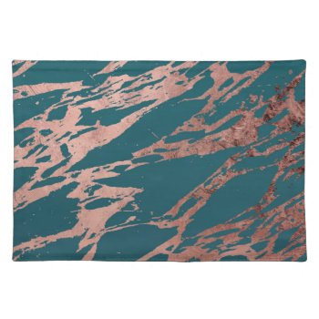 Modern Rose Gold Peacock Teal Marble Cloth Placemat by BlackStrawberry_Co at Zazzle