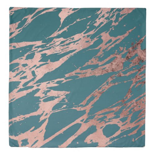 Modern Rose Gold Peacock Teal Marble Duvet Cover