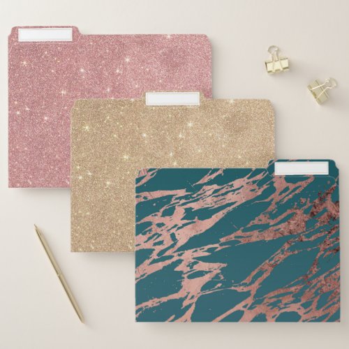 Modern Rose Gold Peacock Teal Marble File Folder