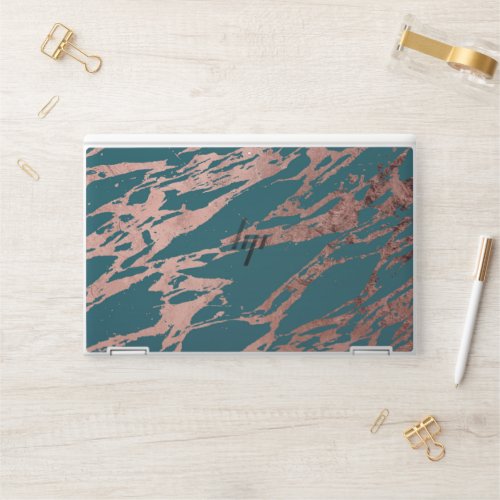 Modern Rose Gold Peacock Teal Marble HP Laptop Skin