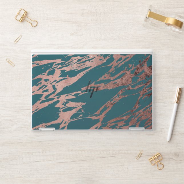 Modern Rose Gold Peacock Teal Marble HP Laptop Skin (Desk)
