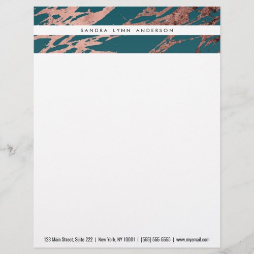 Modern Rose Gold Peacock Teal Marble Letterhead