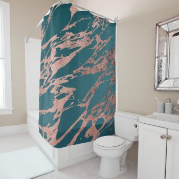Modern Rose Gold Peacock Teal Marble Shower Curtain by BlackStrawberry_Co at Zazzle