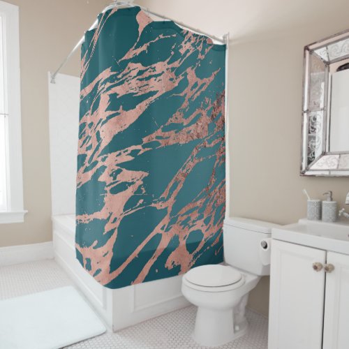 Modern Rose Gold Peacock Teal Marble Shower Curtain