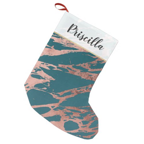 Modern Rose Gold Peacock Teal Marble Small Christmas Stocking