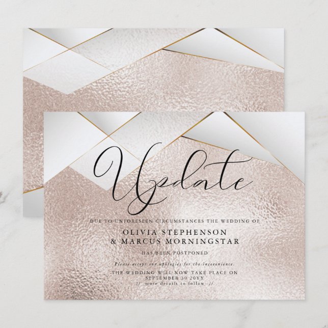 Modern Rose Gold Pearl Facets Postponed Wedding Invitation (Front/Back)