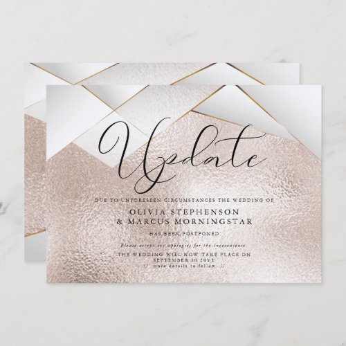 Modern Rose Gold Pearl Facets Postponed Wedding Invitation