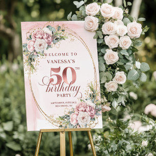 Modern Rose Gold Peonies 50th Birthday Welcome  Foam Board