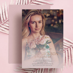 Modern Rose Gold Photo Birthday Party Foil Invitation