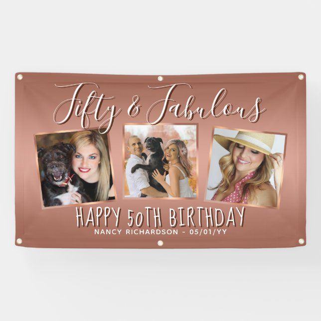 Modern Rose Gold Photo Collage 50th Birthday Banner (Horizontal)