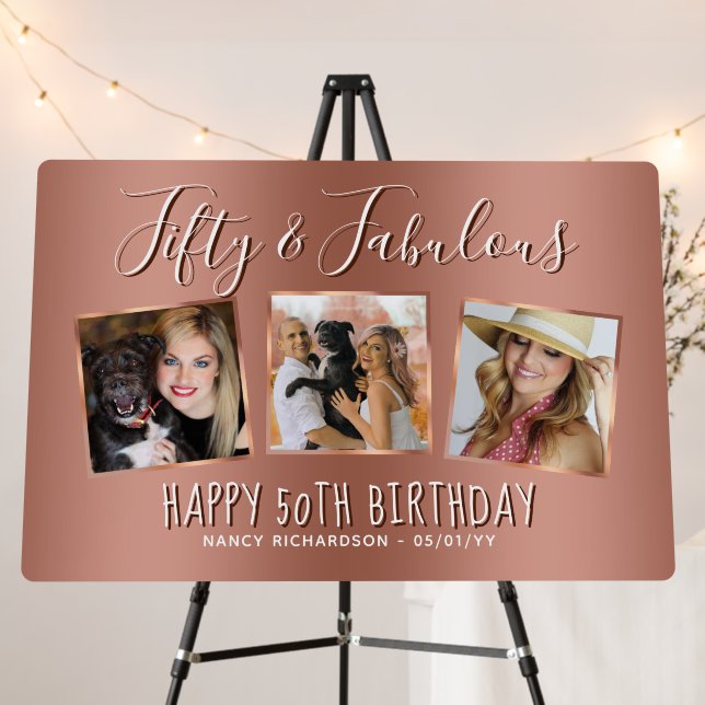 Modern Rose Gold Photo Collage 50th Birthday Foam Board (In Situ (Stand))