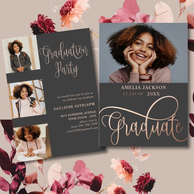 Modern Rose Gold Photo Collage Graduate  Foil Invitation (Creator Uploaded)
