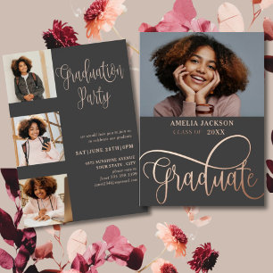 Modern Rose Gold Photo Collage Graduate Foil Invitation