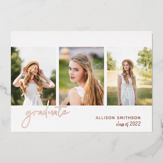 Modern Rose Gold Photo Collage Graduation Foil Invitation (Front)