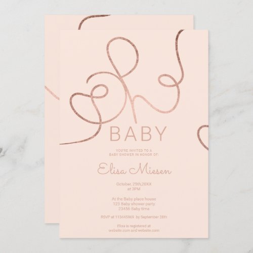 Modern rose gold pink calligraphy Oh baby shower Invitation - Modern chic faux rose gold foil calligraphy Oh baby shower on pastel blush pink. You can change all the colors of the illustration and text.