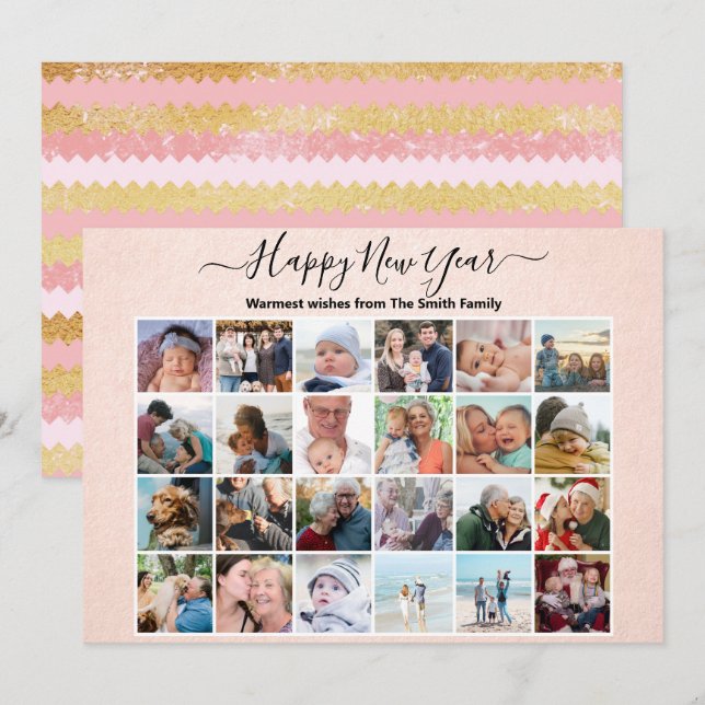 Modern Rose Gold Pink Elegant Script Photo Collage Holiday Card (Front/Back)