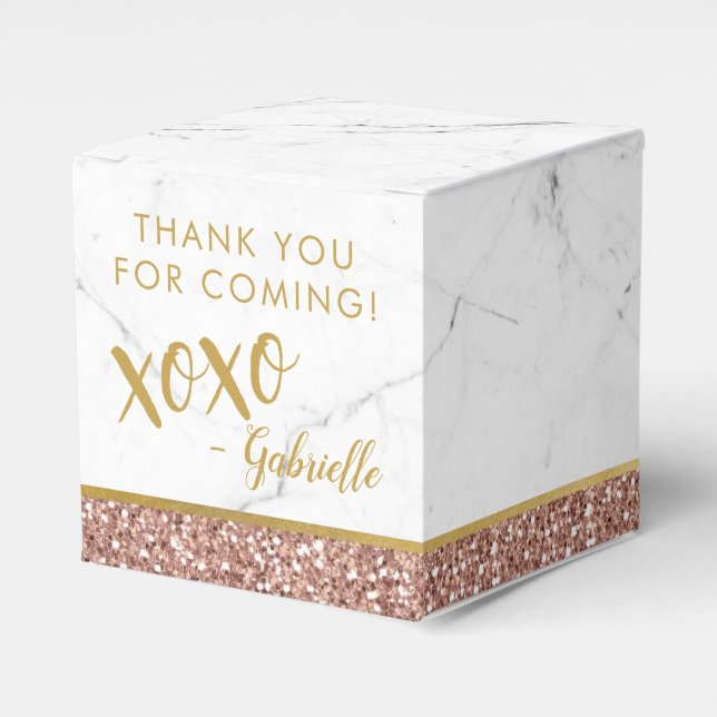 Modern Rose Gold Pink Glitter Marble xoxo Favor Boxes (Front Side)