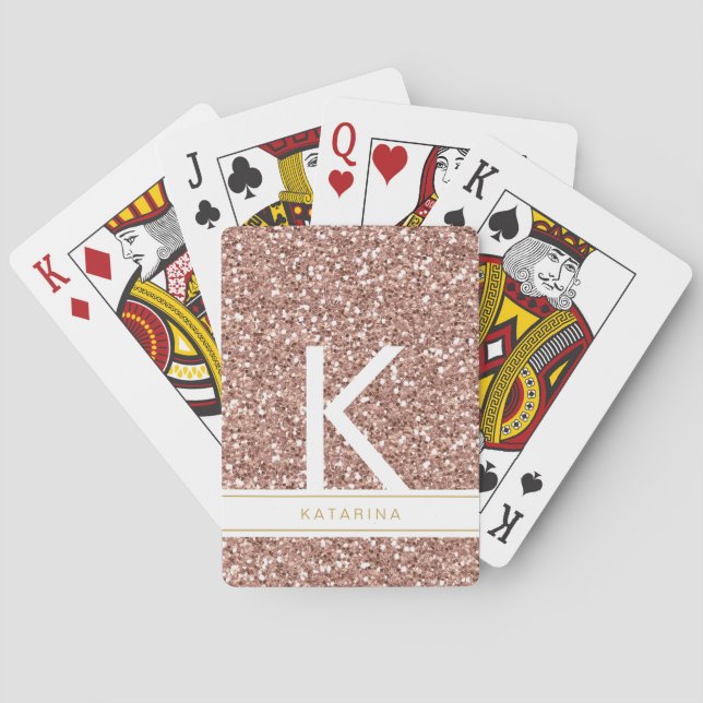 Modern Rose Gold Pink Glitter Monogram Initial Poker Cards (Back)