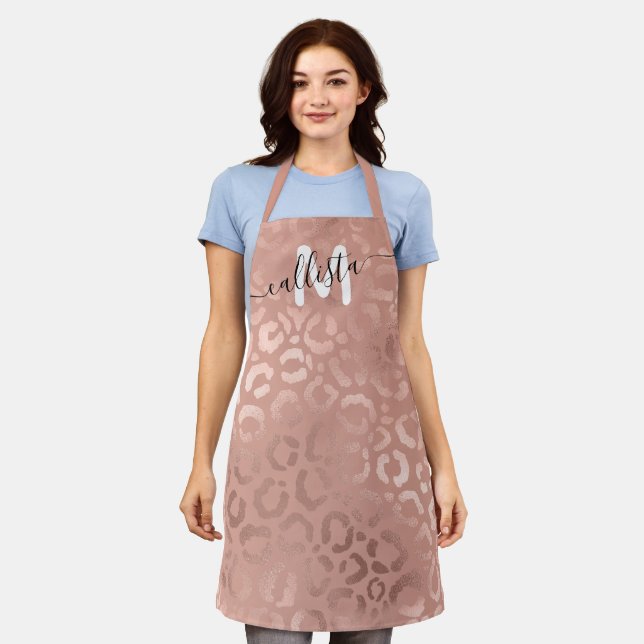 Modern Rose Gold Pink Leopard Cheetah Monogram Apron (Worn)