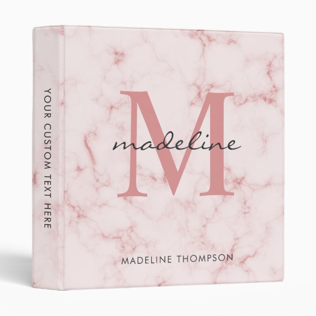 Modern Rose Gold Pink Marble Monogram 3 Ring Binder (Front/Spine)