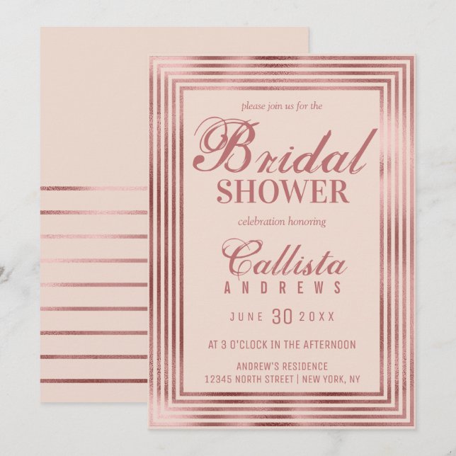 Modern Rose Gold Pink Stripe Border Bridal Shower Invitation (Front/Back)