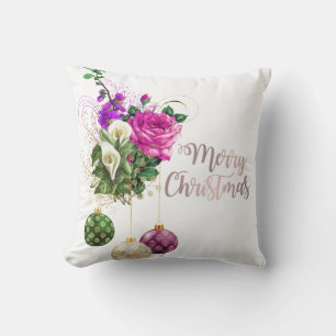 Modern rose gold & purple floral Merry Christmas Throw Pillow