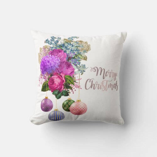 Modern rose gold  purple floral Merry Christmas Throw Pillow