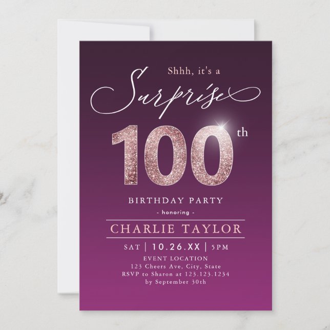 Modern rose gold purple surprise 100th birthday invitation (Front)