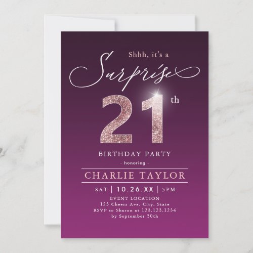 Modern rose gold purple surprise 21st birthday invitation