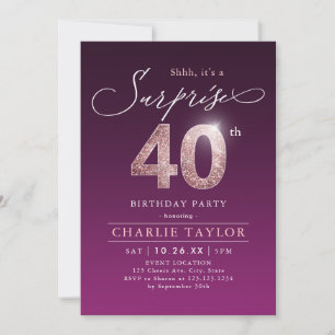 Modern rose gold purple surprise 40th birthday invitation