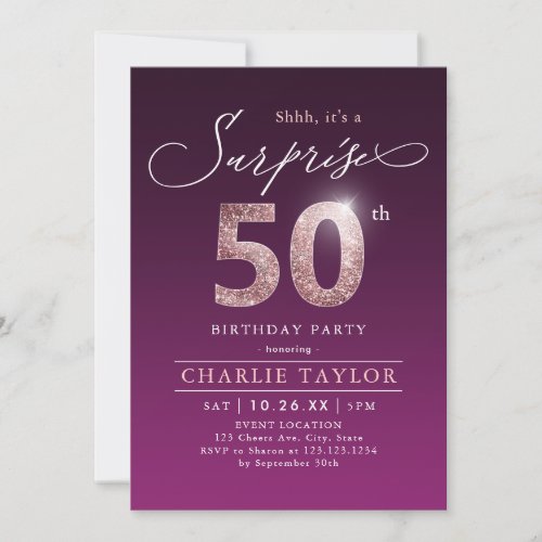 Modern rose gold purple surprise 50th birthday inv invitation