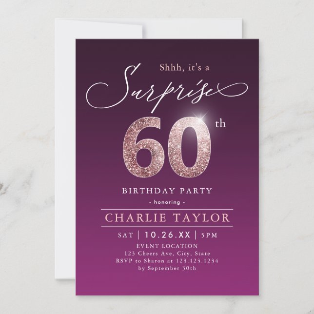 Modern rose gold purple surprise 60th birthday inv invitation (Front)
