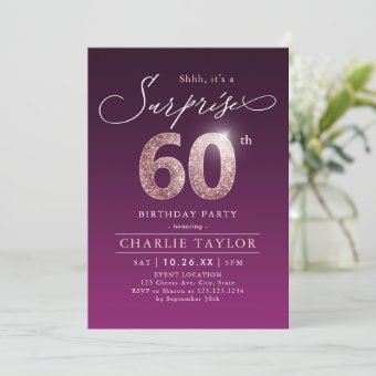 Modern rose gold purple surprise 60th birthday inv invitation | Zazzle