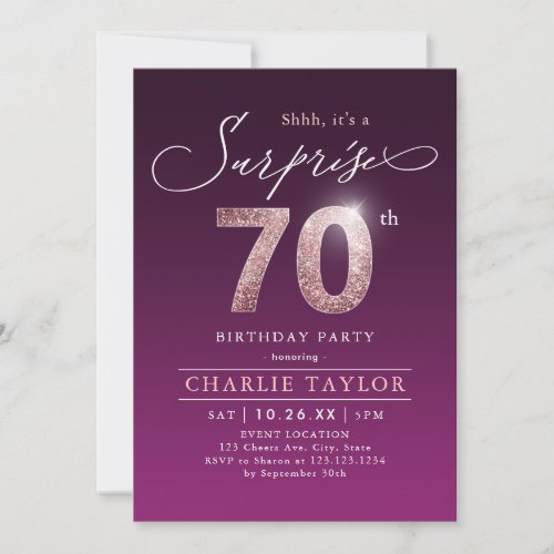 Modern rose gold purple surprise 70th birthday invitation