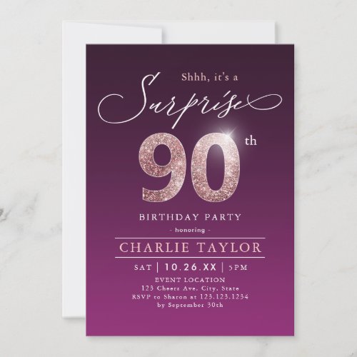 Modern rose gold purple surprise 90th birthday inv invitation