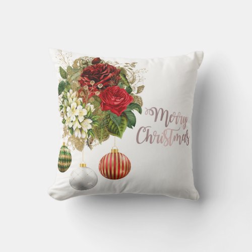 Modern rose gold  red floral Merry Christmas Throw Pillow