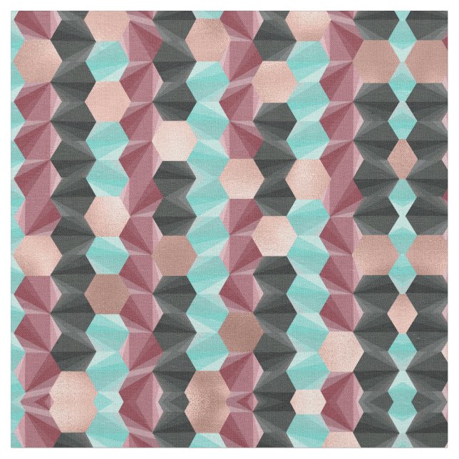 Modern Rose Gold Red Teal Black Hexagon Geometric Fabric (Close Up)