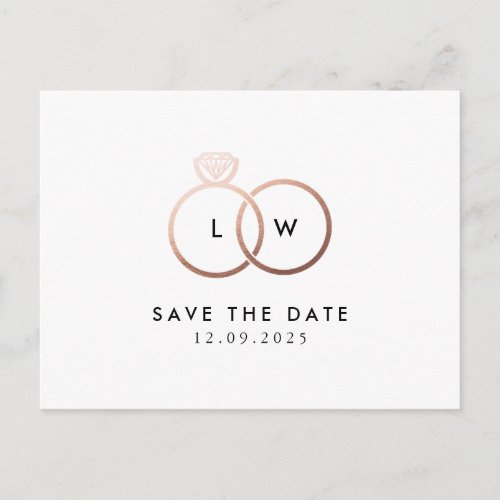 Modern Rose Gold Ring Monogram Save the Date Postcard