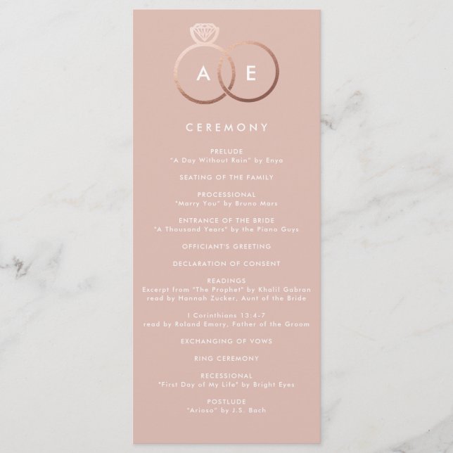 Modern Rose Gold Rings Custom Wedding Program (Front)
