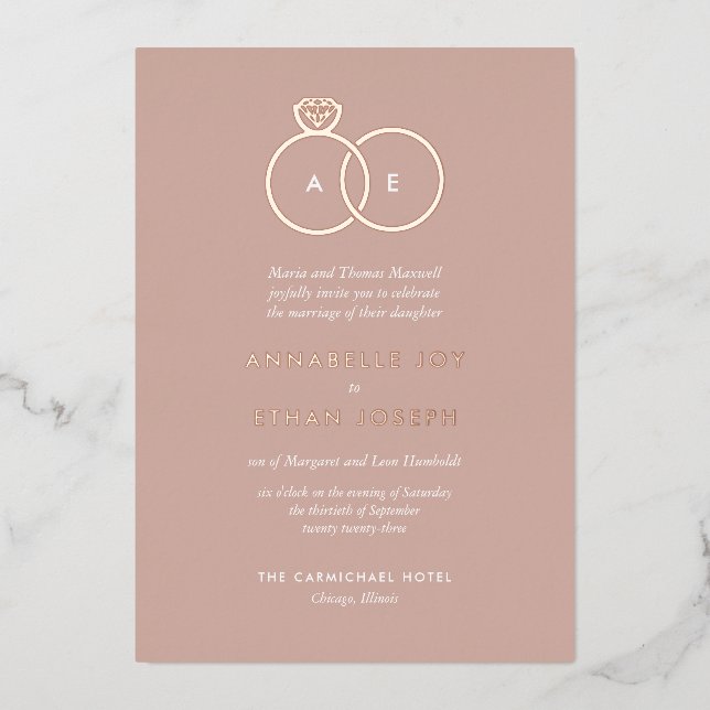 Modern Rose Gold Rings Deep Blush Wedding Foil Invitation (Front)
