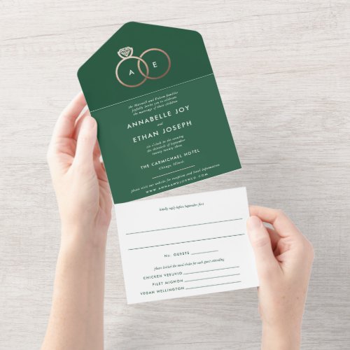 Modern Rose Gold Rings Green Wedding All In One Invitation