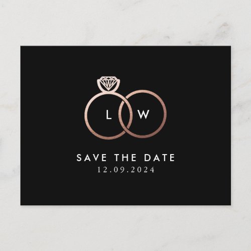 Modern Rose Gold Rings Monogram Black Postcard