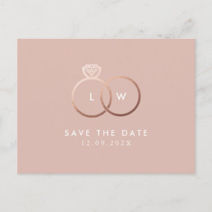 Modern Rose Gold Rings Monogram Save the Date Postcard