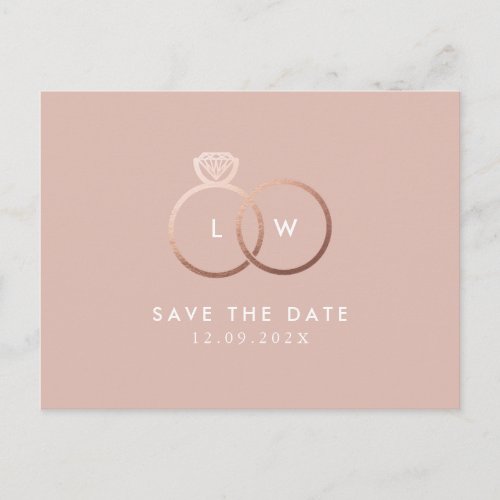Modern Rose Gold Rings Monogram Save the Date Postcard